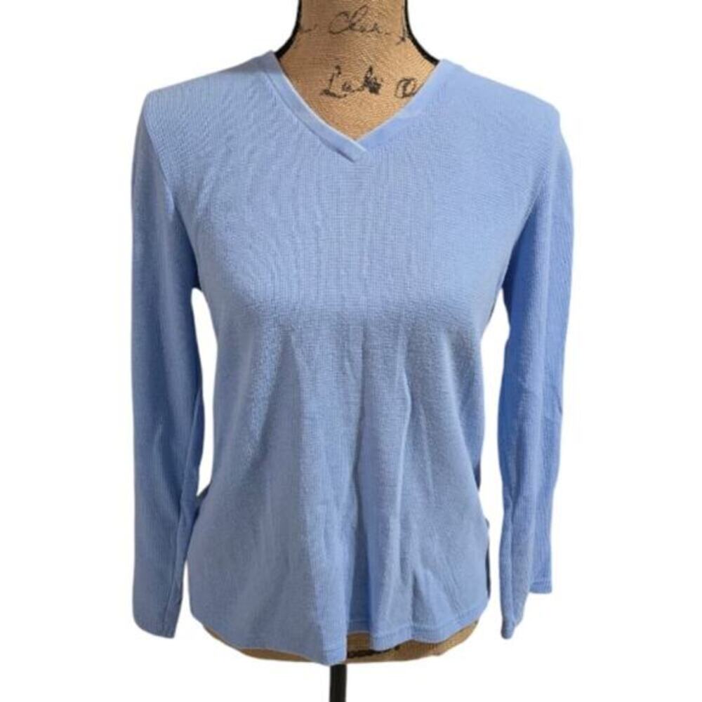 Oscar De La Renta Light Blue V-Neck Long Sleeve Thermal‎ Top Size Small